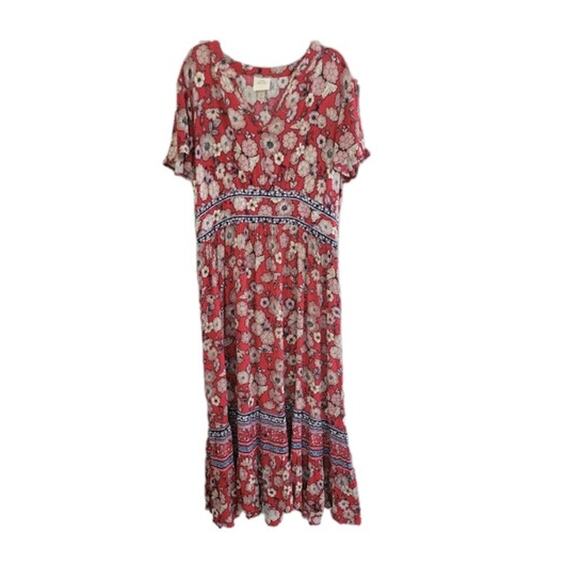 Knox Rose Strawberry Jam Floral Midi Dress Size Medium V Neck Boho Summer - Picture 13 of 14